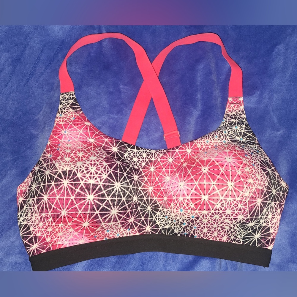 Vibrant Pink and Black Geometric Sports Bra